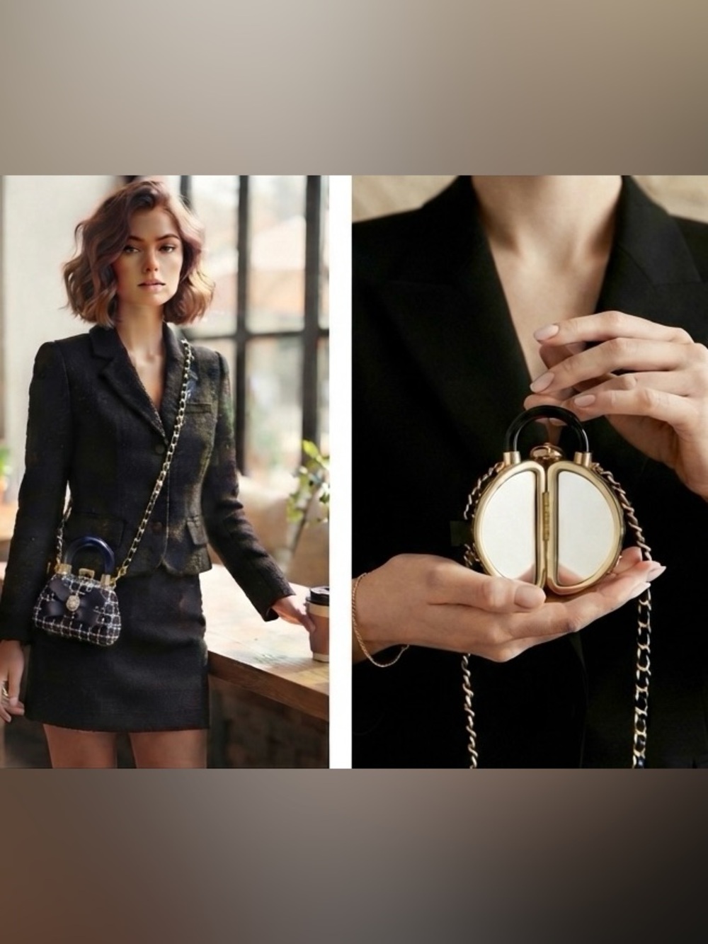 MIRROR compact Elegant Black and Gold Women's Crossbody Rhinestone Bow.